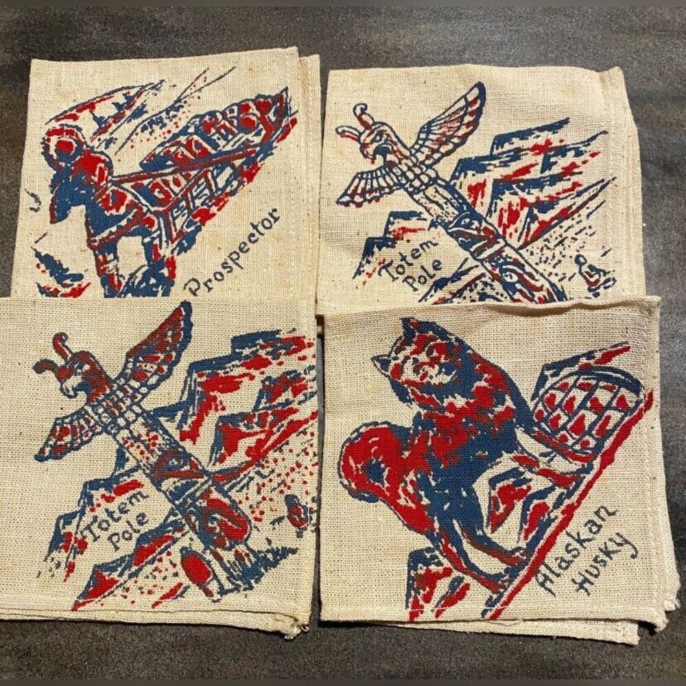 Lot Of 4 Napkins Alaska Husky Totem Prospector Beige Burlap 11” Square